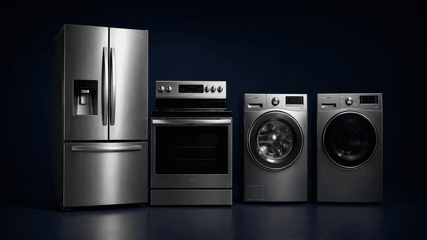 Lineup of stainless steel refrigerator, range, washer, and dryer